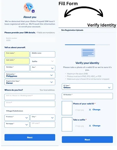 fill form, verify identity, upload picture