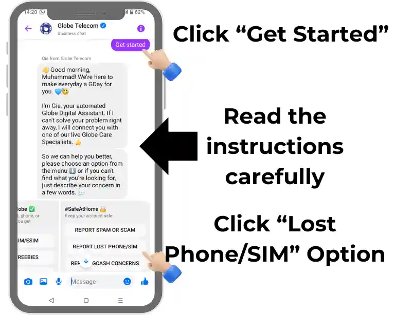 Get started and choose report lost phone/sim in chatbot